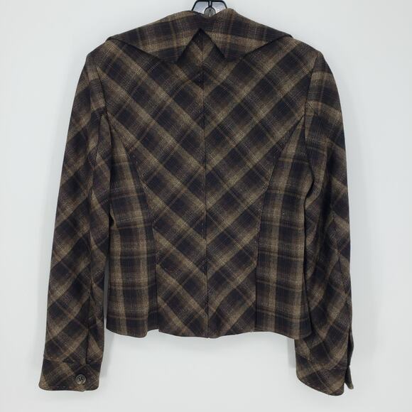 BCBGMaxazria Y2K Plaid Blazer Jacket XS Wool Ruffle Collar Brown Black BCBG - Picture 2 of 9